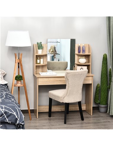 HOMCOM Modern Dressing Table Writing Desk W/ Mirror, Big Drawers, 2-Tier Open Shelf For Home Bedroom Natural