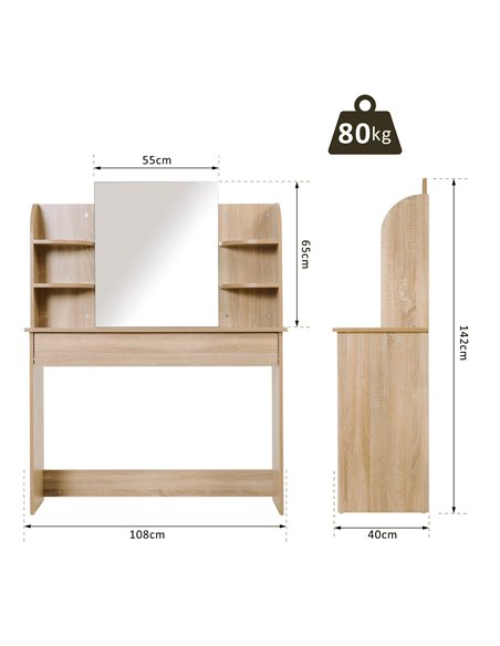 HOMCOM Modern Dressing Table Writing Desk W/ Mirror, Big Drawers, 2-Tier Open Shelf For Home Bedroom Natural - pic 120641 | FastDaddyshop