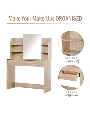 HOMCOM Modern Dressing Table Writing Desk W/ Mirror, Big Drawers, 2-Tier Open Shelf For Home Bedroom Natural