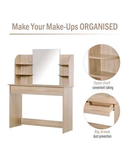 HOMCOM Modern Dressing Table Writing Desk W/ Mirror, Big Drawers, 2-Tier Open Shelf For Home Bedroom Natural - pic 120643 | FastDaddyshop