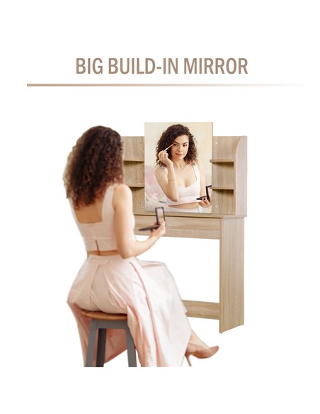 HOMCOM Modern Dressing Table Writing Desk W/ Mirror, Big Drawers, 2-Tier Open Shelf For Home Bedroom Natural - pic 120645 | FastDaddyshop