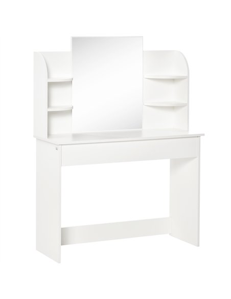 HOMCOM Modern Dressing Table Writing Desk W/ Mirror, Big Drawers, 2-Tier Open Shelf For Home Bedroom White - pic 120648 | FastDaddyshop