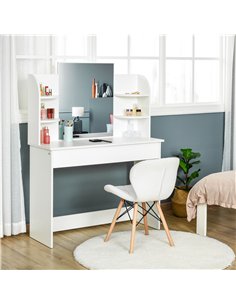 HOMCOM Modern Dressing Table Writing Desk W/ Mirror, Big Drawers, 2-Tier Open Shelf For Home Bedroom White 2
