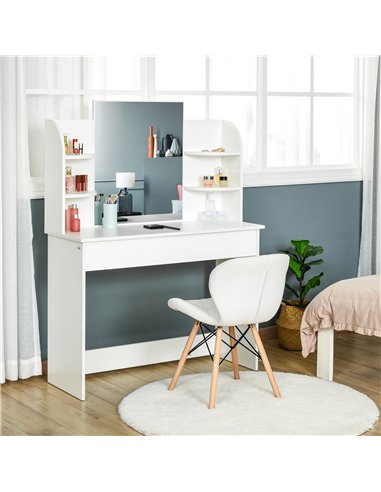 HOMCOM Modern Dressing Table Writing Desk W/ Mirror, Big Drawers, 2-Tier Open Shelf For Home Bedroom White