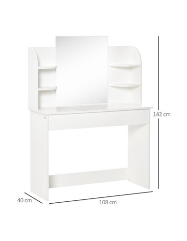 HOMCOM Modern Dressing Table Writing Desk W/ Mirror, Big Drawers, 2-Tier Open Shelf For Home Bedroom White