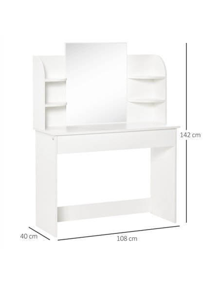 HOMCOM Modern Dressing Table Writing Desk W/ Mirror, Big Drawers, 2-Tier Open Shelf For Home Bedroom White - pic 120650 | FastDaddyshop