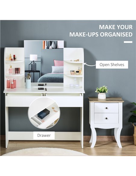 HOMCOM Modern Dressing Table Writing Desk W/ Mirror, Big Drawers, 2-Tier Open Shelf For Home Bedroom White - pic 120651 | FastDaddyshop