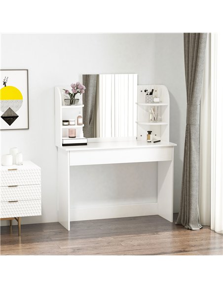 HOMCOM Modern Dressing Table Writing Desk W/ Mirror, Big Drawers, 2-Tier Open Shelf For Home Bedroom White - pic 120653 | FastDaddyshop
