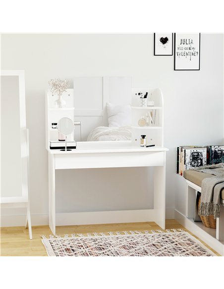 HOMCOM Modern Dressing Table Writing Desk W/ Mirror, Big Drawers, 2-Tier Open Shelf For Home Bedroom White - pic 120654 | FastDaddyshop
