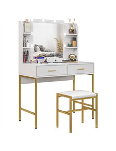 HOMCOM Dressing Table with Lighted Mirror, Cushioned Stool, Drawers, Shelves, LED Makeup Vanity Desk Set, Modern Dresser Vanity 