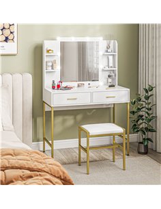 HOMCOM Dressing Table with Lighted Mirror, Cushioned Stool, Drawers, Shelves, LED Makeup Vanity Desk Set, Modern Dresser Vanity  2