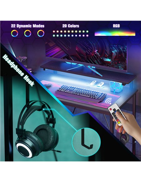 HOMCOM Reversible 'L' LED Light Gaming/Work Desk - Black - pic 120714 | FastDaddyshop