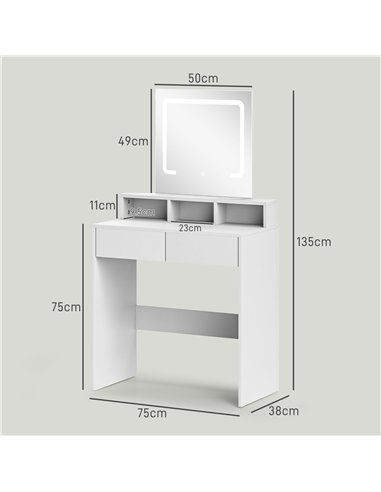 HOMCOM Dressing Table with Mirror and LED Lights, Vanity Table with 2 Drawers, 3 Compartments, 3 Colour Lighting, for Bedroom, M