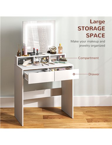 HOMCOM Dressing Table with Mirror and LED Lights, Vanity Table with 2 Drawers, 3 Compartments, 3 Colour Lighting, for Bedroom, M