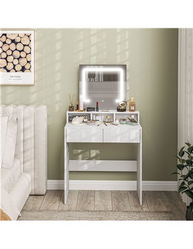 HOMCOM Dressing Table with Mirror and LED Lights, Vanity Table with 2 Drawers, 3 Compartments, 3 Colour Lighting, for Bedroom, M