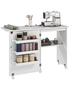 HOMCOM Folding Sewing Table, Drop Leaf Craft Table with Storage Bins, Open Shelf and Wheels, Rolling Sewing Machine Cabinet Comp