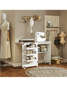 HOMCOM Folding Sewing Table, Drop Leaf Craft Table with Storage Bins, Open Shelf and Wheels, Rolling Sewing Machine Cabinet Comp 2