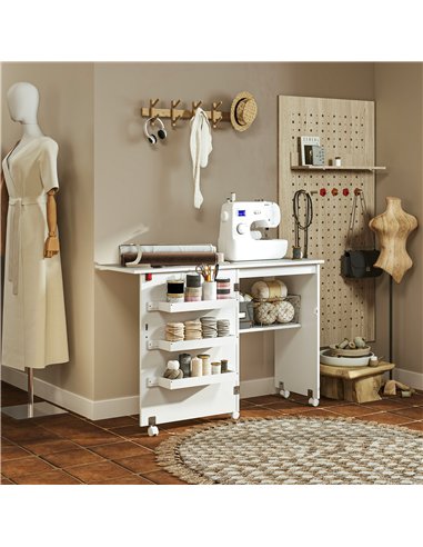 HOMCOM Folding Sewing Table, Drop Leaf Craft Table with Storage Bins, Open Shelf and Wheels, Rolling Sewing Machine Cabinet Comp
