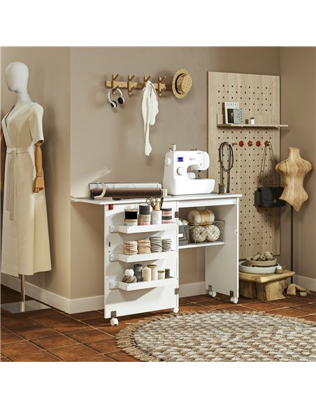 HOMCOM Folding Sewing Table, Drop Leaf Craft Table with Storage Bins, Open Shelf and Wheels, Rolling Sewing Machine Cabinet Comp - pic 120739 | FastDaddyshop