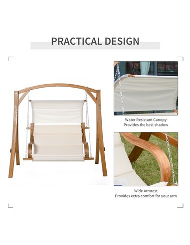 Outsunny Wooden Porch Swing Chair A-Frame Wood Log Swing Bench Chair With Canopy and Cushion for Patio Garden Yard