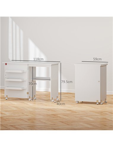 HOMCOM Folding Sewing Table, Drop Leaf Craft Table with Storage Bins, Open Shelf and Wheels, Rolling Sewing Machine Cabinet Comp