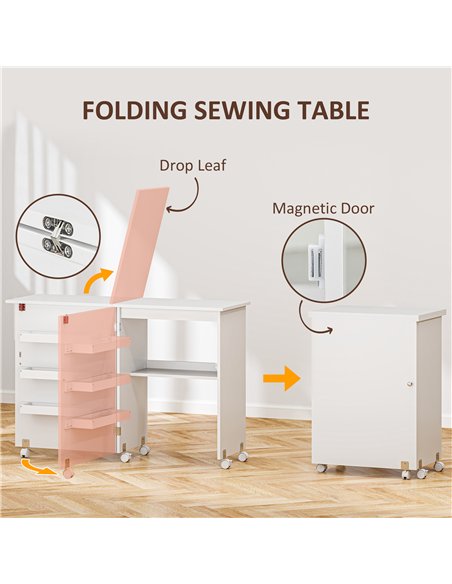 HOMCOM Folding Sewing Table, Drop Leaf Craft Table with Storage Bins, Open Shelf and Wheels, Rolling Sewing Machine Cabinet Comp - pic 120741 | FastDaddyshop