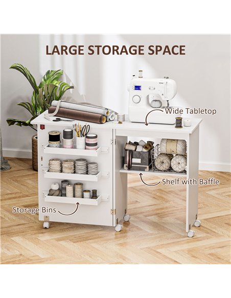 HOMCOM Folding Sewing Table, Drop Leaf Craft Table with Storage Bins, Open Shelf and Wheels, Rolling Sewing Machine Cabinet Comp - pic 120742 | FastDaddyshop