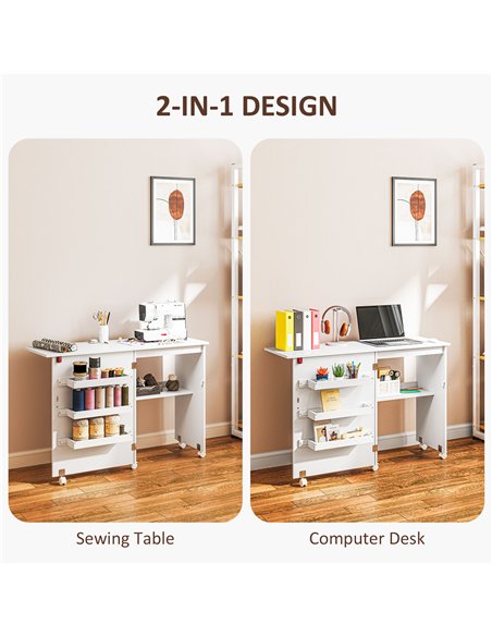 HOMCOM Folding Sewing Table, Drop Leaf Craft Table with Storage Bins, Open Shelf and Wheels, Rolling Sewing Machine Cabinet Comp - pic 120743 | FastDaddyshop