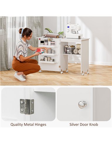 HOMCOM Folding Sewing Table, Drop Leaf Craft Table with Storage Bins, Open Shelf and Wheels, Rolling Sewing Machine Cabinet Comp