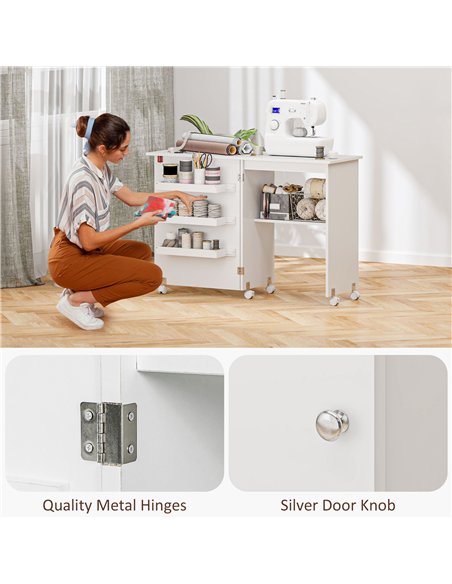 HOMCOM Folding Sewing Table, Drop Leaf Craft Table with Storage Bins, Open Shelf and Wheels, Rolling Sewing Machine Cabinet Comp - pic 120745 | FastDaddyshop