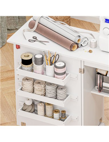 HOMCOM Folding Sewing Table, Drop Leaf Craft Table with Storage Bins, Open Shelf and Wheels, Rolling Sewing Machine Cabinet Comp