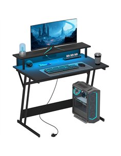 HOMCOM Gaming Desk with LED Lights and Power Outlets, 100 x 60cm Z Shaped Computer Desk with Monitor Stand and Steel Frame, PC G