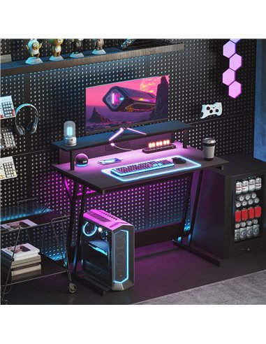 HOMCOM Gaming Desk with LED Lights and Power Outlets, 100 x 60cm Z Shaped Computer Desk with Monitor Stand and Steel Frame, PC G