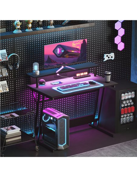 HOMCOM Gaming Desk with LED Lights and Power Outlets, 100 x 60cm Z Shaped Computer Desk with Monitor Stand and Steel Frame, PC G - pic 120757 | FastDaddyshop