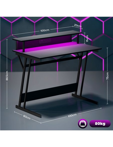 HOMCOM Gaming Desk with LED Lights and Power Outlets, 100 x 60cm Z Shaped Computer Desk with Monitor Stand and Steel Frame, PC G - pic 120758 | FastDaddyshop