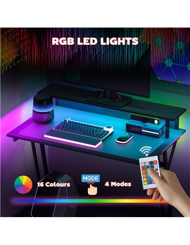 HOMCOM Gaming Desk with LED Lights and Power Outlets, 100 x 60cm Z Shaped Computer Desk with Monitor Stand and Steel Frame, PC G