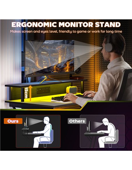 HOMCOM Gaming Desk with LED Lights and Power Outlets, 100 x 60cm Z Shaped Computer Desk with Monitor Stand and Steel Frame, PC G - pic 120761 | FastDaddyshop