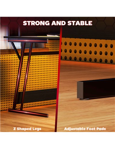 HOMCOM Gaming Desk with LED Lights and Power Outlets, 100 x 60cm Z Shaped Computer Desk with Monitor Stand and Steel Frame, PC G