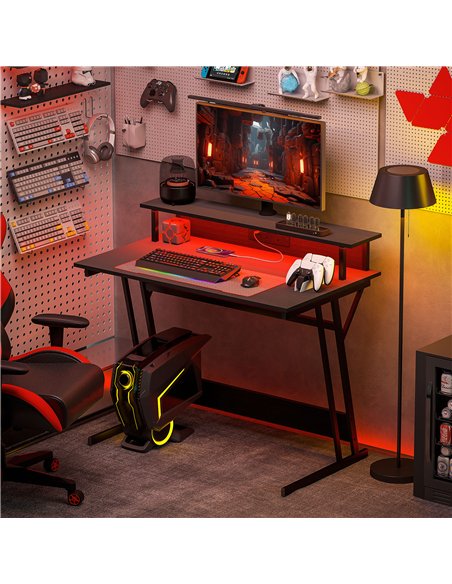 HOMCOM Gaming Desk with LED Lights and Power Outlets, 100 x 60cm Z Shaped Computer Desk with Monitor Stand and Steel Frame, PC G - pic 120763 | FastDaddyshop