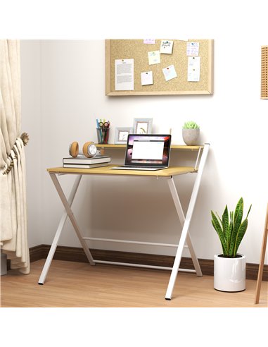 HOMCOM Compact Folding Desk for Small Spaces, Foldable Computer Desk with Storage Shelf for Home Office, 2-Tier Study Writing Ta