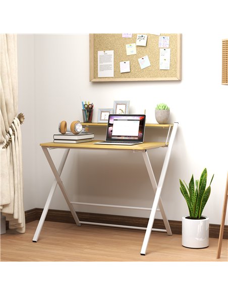HOMCOM Compact Folding Desk for Small Spaces, Foldable Computer Desk with Storage Shelf for Home Office, 2-Tier Study Writing Ta - pic 120775 | FastDaddyshop