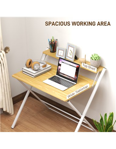 HOMCOM Compact Folding Desk for Small Spaces, Foldable Computer Desk with Storage Shelf for Home Office, 2-Tier Study Writing Ta