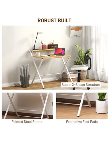 HOMCOM Compact Folding Desk for Small Spaces, Foldable Computer Desk with Storage Shelf for Home Office, 2-Tier Study Writing Ta