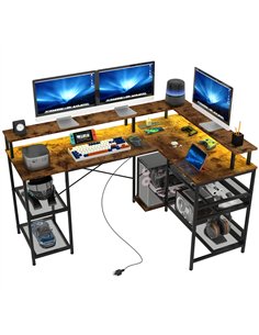 HOMCOM L Shaped Gaming Desk with LED Lights and Power Outlets, 150cm Corner Computer Desk with Monitor Stand and Storage Shelves