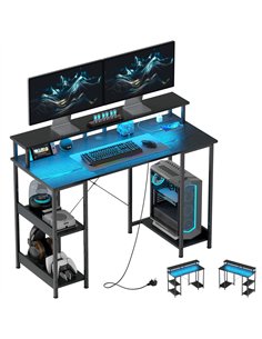 HOMCOM Computer Desk with Power Outlets and LED Lights, 120 x 50cm Reversible Home Office Desk with Monitor Stand and 2-Tier Sto