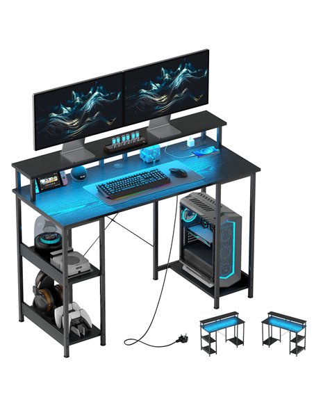 HOMCOM Computer Desk with Power Outlets and LED Lights, 120 x 50cm Reversible Home Office Desk with Monitor Stand and 2-Tier Sto - pic 120792 | FastDaddyshop