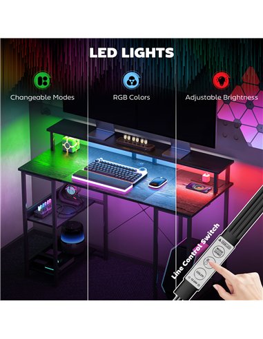 HOMCOM Computer Desk with Power Outlets and LED Lights, 120 x 50cm Reversible Home Office Desk with Monitor Stand and 2-Tier Sto