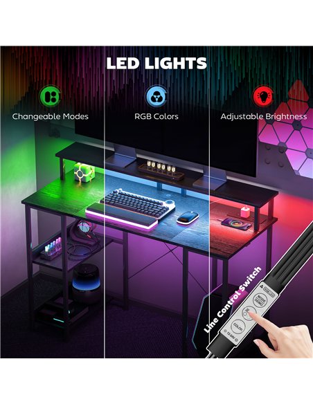 HOMCOM Computer Desk with Power Outlets and LED Lights, 120 x 50cm Reversible Home Office Desk with Monitor Stand and 2-Tier Sto - pic 120796 | FastDaddyshop