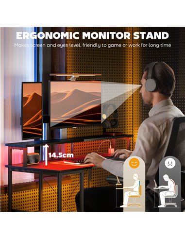 HOMCOM Computer Desk with Power Outlets and LED Lights, 120 x 50cm Reversible Home Office Desk with Monitor Stand and 2-Tier Sto
