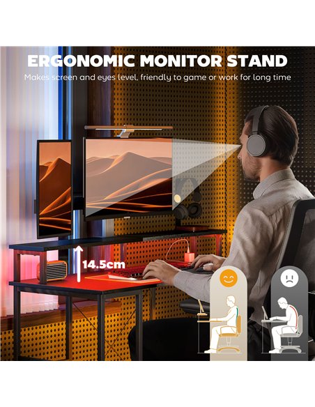 HOMCOM Computer Desk with Power Outlets and LED Lights, 120 x 50cm Reversible Home Office Desk with Monitor Stand and 2-Tier Sto - pic 120797 | FastDaddyshop